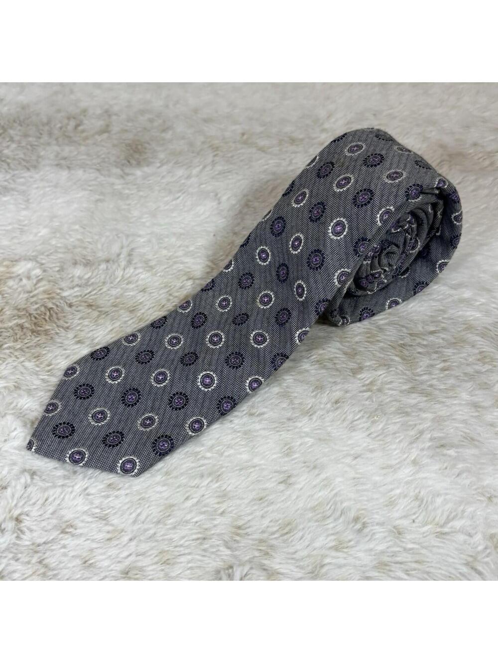Allen Edmonds Silk Tie Gray Purple Medallion Made USA Classic